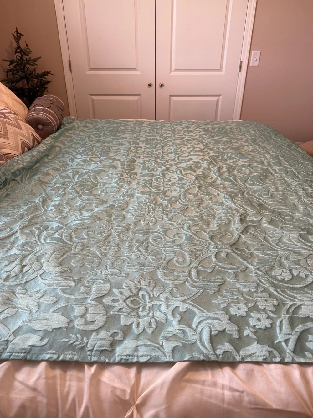 Light Teal Embossed Floral Shower Curtain